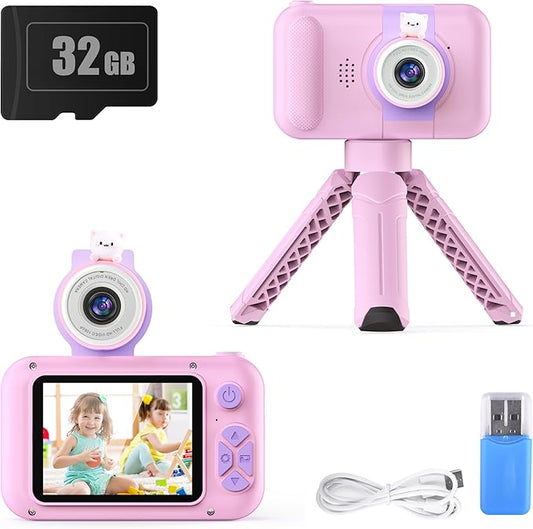 Kids Camera with Flip-up Lens for Selfie & Video, HD Digital Camera with 32GB SD Card, Ideal for 3-8 Years Old Girls Boys on Birthday Christmas Party as Gift(Pink)
