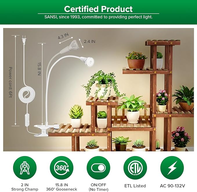 SANSI LED Grow Lights for Indoor Plants, 150W Full Spectrum Clip-on Gooseneck Grow Light with Ceramic Tech.,10W Power Plant Light with Optical Lens for High PPFD, Lifetime Free Bulbs Replacement White
