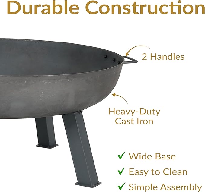 Sunnydaze 34-Inch Cast Iron Heavy-Duty Fire Pit for Outside - Wood-Burning Outdoor Fire Pit Bowl with Handles - Steel Finish
