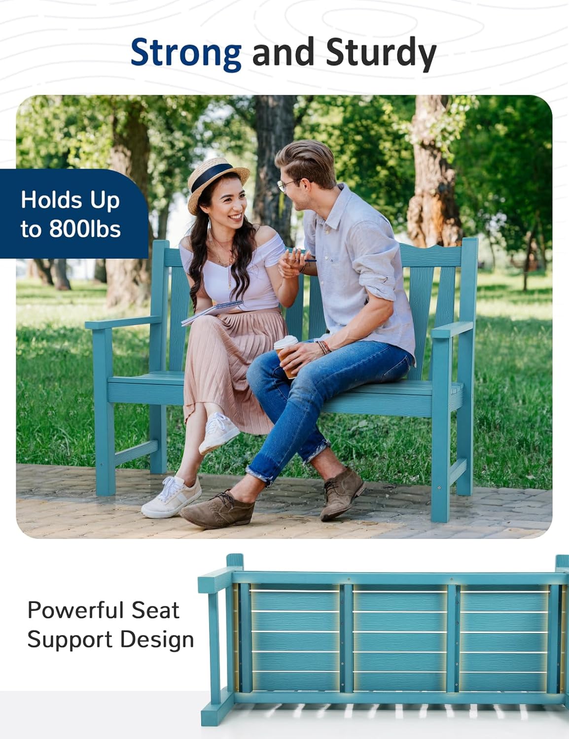 Patio Chairs Set, Weatherproof HIPS Outdoor Furniture, Include 2 Patio Dining Chairs + Outdoor Bench, Suit for Garden, Porch, Lawn & Backyard (Lake Blue)