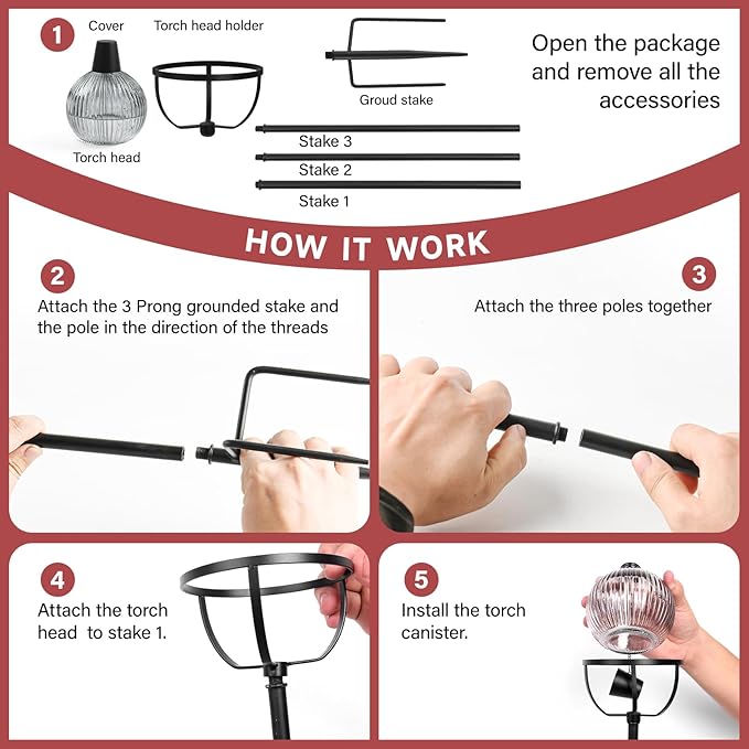 Citronella Torches Set of 4, 16 oz Glass Garden Torches for Outside, 3-Prong Grounded Stake Outdoor Torches, 58.6 inch Outdoor Torch for Yard, Patio, Deck, Party