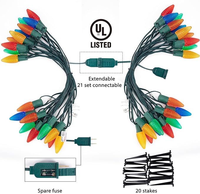 C9 Christmas Pathway Lights Outdoor, 25.7 Feet 20 LED C9 Strawberry Walkway Lights with Marker Stakes, Connectable Shatterproof C9 String Lights for Lane Outside Yard Decorations, Multicolored