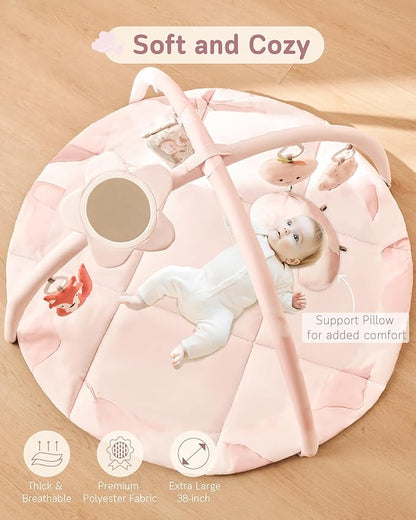 Fortella Baby Play Gym & Activity Mat, Tummy Time Mat w 5 Detachable Toys and Pillow, Large Sensory Playmat for Floor, Newborn Infant Baby Essentials Shower Gift 0-3-6-9-12 Months (Rose Pink)