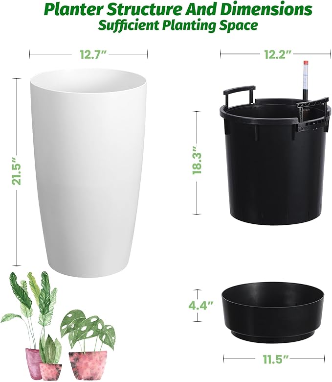 22" Tall Round Planter Set of 2, Self Watering Pots for Indoor Plants, Large Flower Pot Outdoor with Built-in Drainage and a Water Level Monitor, for Patio, Porch, Living Room, or Home Office, White