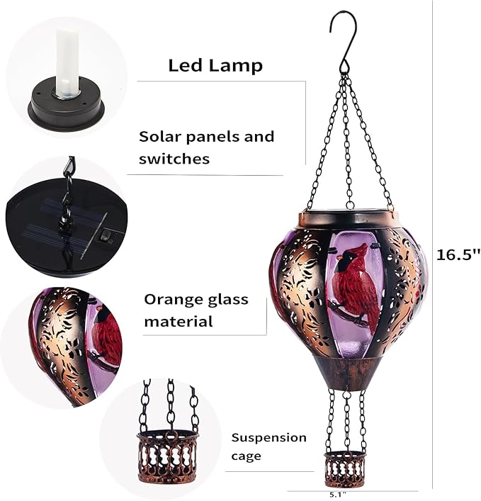 pearlstar Hot Air Balloon Solar Lantern with Flickering Flame Light Outdoor Solar Hanging Lights Waterproof for Garden Yard Farmhouse Patio Pathway Christmas Decoration,Glass&Metel(Cardinal)