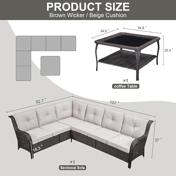 Outdoor Furniture Sectional Sofa L Shaped Couch - Patio Wicker Set with Coffee Table, 3 Piece Rattan Patio Conversation Sets with Beige Cushion for Deck Backyard Sunroom