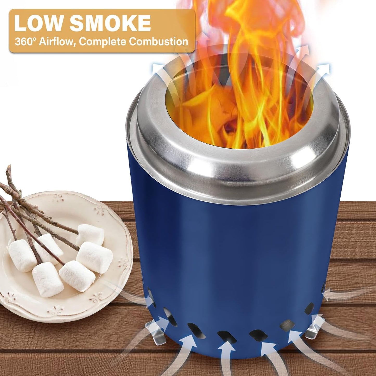 HGD 9.6 x 7.1 in Small Tabletop Fire Pit, Portable Mini Smokeless Table Top Firepit, Low Smoke Camping Stove for Outdoor & Patio, Fueled by Pellets or Wood, with Travel Bag, Stainless Steel, Blue