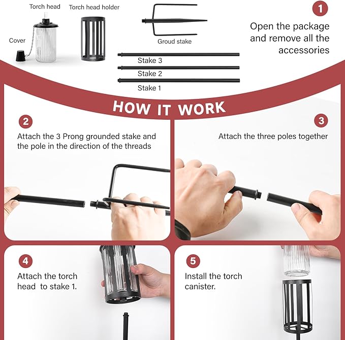 4 Pack Glass Citronella Torches, 16 oz Garden Torches for Outside with 3-Prong Grounded Stake, 55 inch Outdoor Clear Glass Flame Light Torch for Yard, Patio, Deck, Garden, Party, Landscape