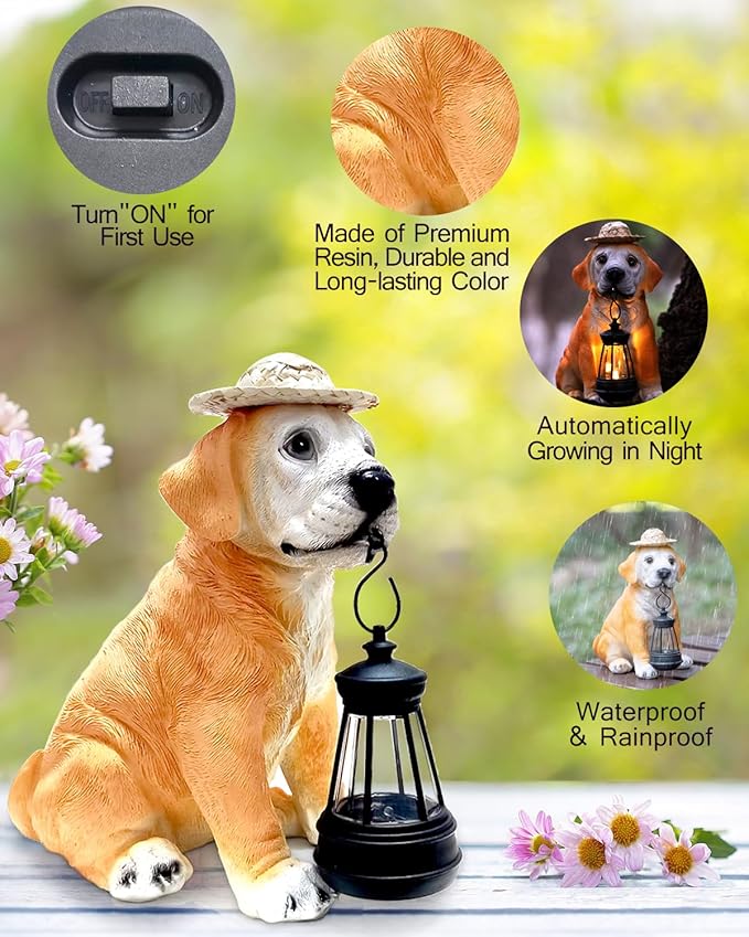 Labrador Dog Outdoor Solar Statues, Garden Decor with Retro LED Lantern for Yard Ornaments Porch Patio Balcony House, Christmas for Grandma Mom Women