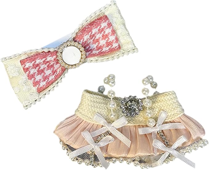 Clothes for 17cm Doll(Clothes Only)– 2-Piece Set Pearl Princess Dress and Pearl Houndstooth Bow Headband for a Unique Dressed-Up Look– Fashion Handmade Accessories for Doll(Pink)