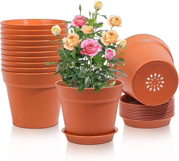 T4U 7.5 Inch Plant Pots 12-Pack - Small Plastic Planter with Drainage Hole and Saucer, Decorative Nursery Pot Bulk for African Violet, Succulent and All House Plants Indoor (Terracotta)