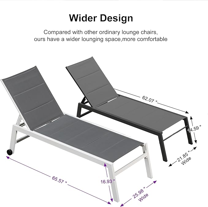 PURPLE LEAF Outdoor Chaise Lounge Set Adjustable Sunbathing Recliner with Side Table for Poolside Beach Outside Patio Aluminum Chaise Lounger Grey