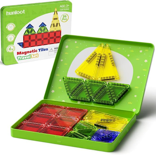 Mini Magnetic Tiles - 26PCS Travel Magnetic Building Set with Storage Iron Box，STEM Educational Toys for Kids Ages 3+ ，Portable Construction Toys for Toddlers, Boys & Girls