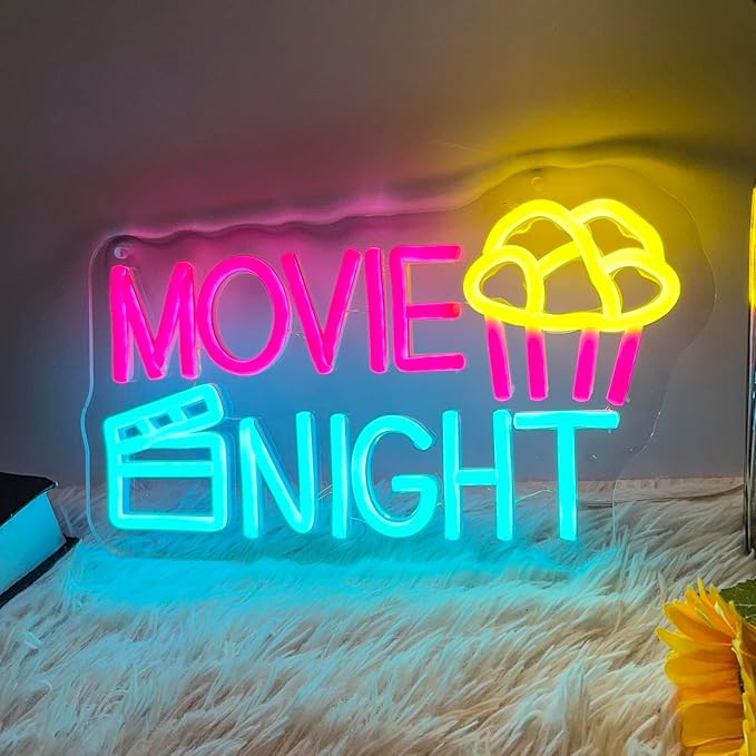 Movie Night Neon Sign With Popcorn Dimmable LED Neon Lights for Wall Decor USB Powered Light Up Signs for Bedroom Living Room Cinema Film Room Man Cave Home Bar Wedding Birthday Party