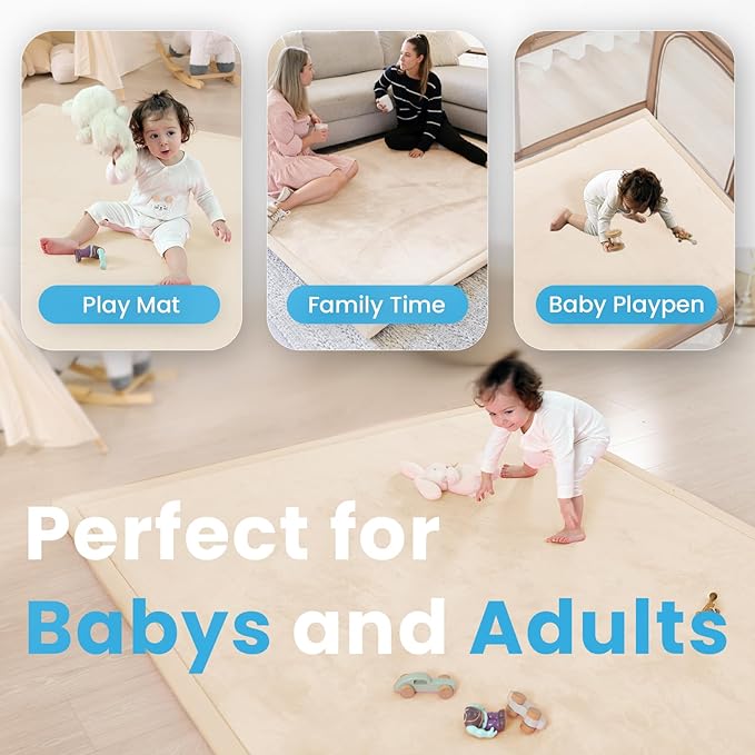 1.3" Thick Baby Play Mat for Floor Playpen, 71x79 Large Foam Tummy Time Mat, Padded Support Soft Plush Nursery Rug for Infant Kids Toddler Crawling Kick Activity (Beige)
