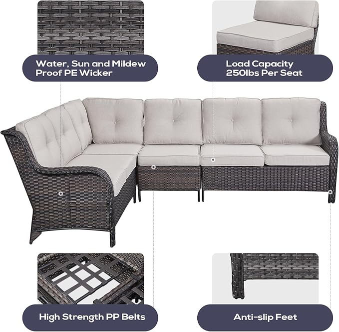 Outdoor Furniture Sectional Sofa L Shaped Couch - Patio Wicker Set with 2 Swivel Glider Chairs, 5 Piece Rattan Patio Conversation Sets with Beige Cushion for Deck Backyard Sunroom
