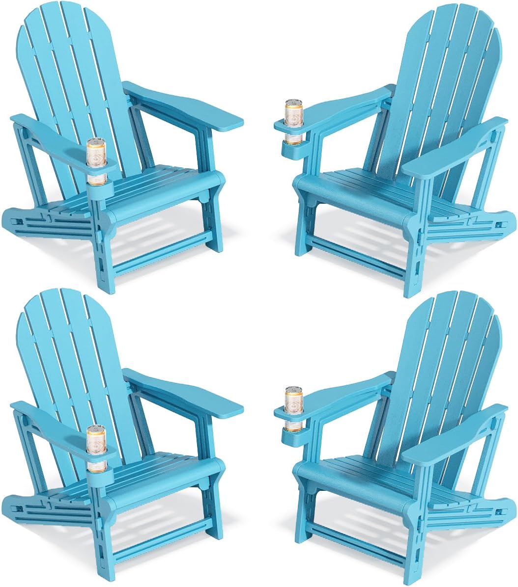 Adirondack Chairs Set of 4, Tool-Free Assembly All-Weather Plastic Adirondack Chairs, HDPE Fire Pit Chairs with Cup Holder, Outdoor Chair for Patio Garden（Lake Blue）