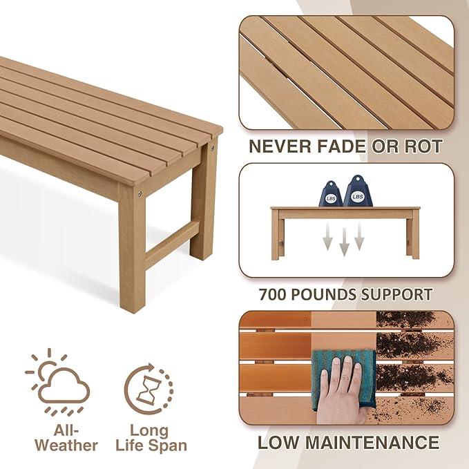 Psilvam Outdoor Bench, Two Person Poly Lumber Porch Bench, Weatherproof Garden Bench That Never Rot and Fade, All-Weather Patio Bench Suit for Garden, Porch, and Park (2pcs, Teak Color)