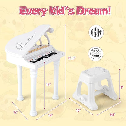 HONEY JOY Classical Kids Piano, 31-Key Toy Mini Grand Piano with Music Stand & Stool, Portable Electronic Educational Musical Instrument Toy w/ Microphone, Lights, Gift for Kids (White, 31 Keys)