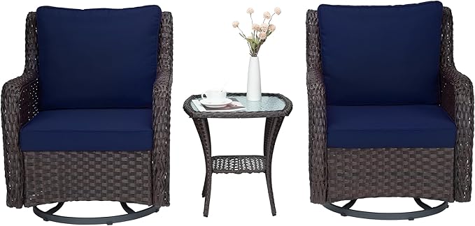 Towallmark Outdoor Swivel Wicker Glider Patio Chairs with Table Set, 3 Pieces Outdoor Bistro Set with 4”Thick Cushions and Coffee Table for Porch, Balcony, Deck (Blue)