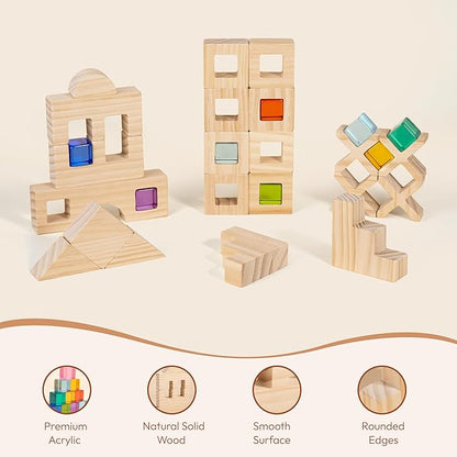 Woodtoe Wooden Rainbow Building Blocks Set for Kids, 22 PCS Wooden Blocks & 25 PCS Gem Cubes Stacking Blocks, Montessori Stacking Toys for Toddlers, Educational STEM Easter Toys for Boys Girls 3-6