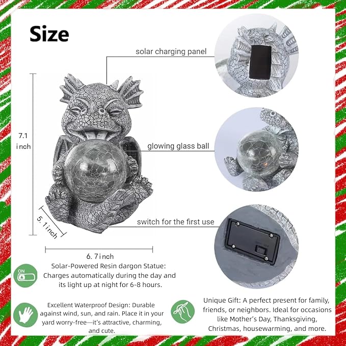 Solar Powered Dragon LED Light Garden Statue Outdoor Decorative Sculpture with Crackle Glass Ball Waterproof Yard Art Decor for Patio Lawn