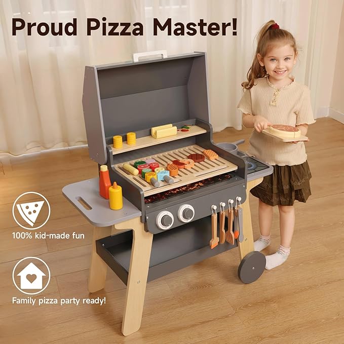 Kids BBQ Grill Playset Toy for Toddlers & Children Ages 3-8, Wooden Outdoor Indoor Pretend Play Cooking Toys with Toy Food and Grilling Tools, for Girls & Boys