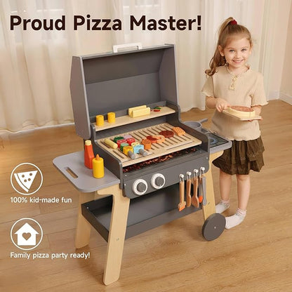 Kids BBQ Grill Playset Toy for Toddlers & Children Ages 3-8, Wooden Outdoor Indoor Pretend Play Cooking Toys with Toy Food and Grilling Tools, for Girls & Boys