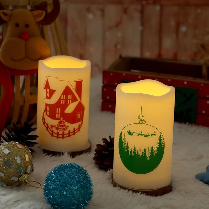Outdoor Battery Operated Flameless Pillar Candles Auto Daily Timer Waterproof Realistic Flickering Electric LED Lights Snow House Christmas Ball Tree Decals Xmas Decorations 3”X5” 2 Pack