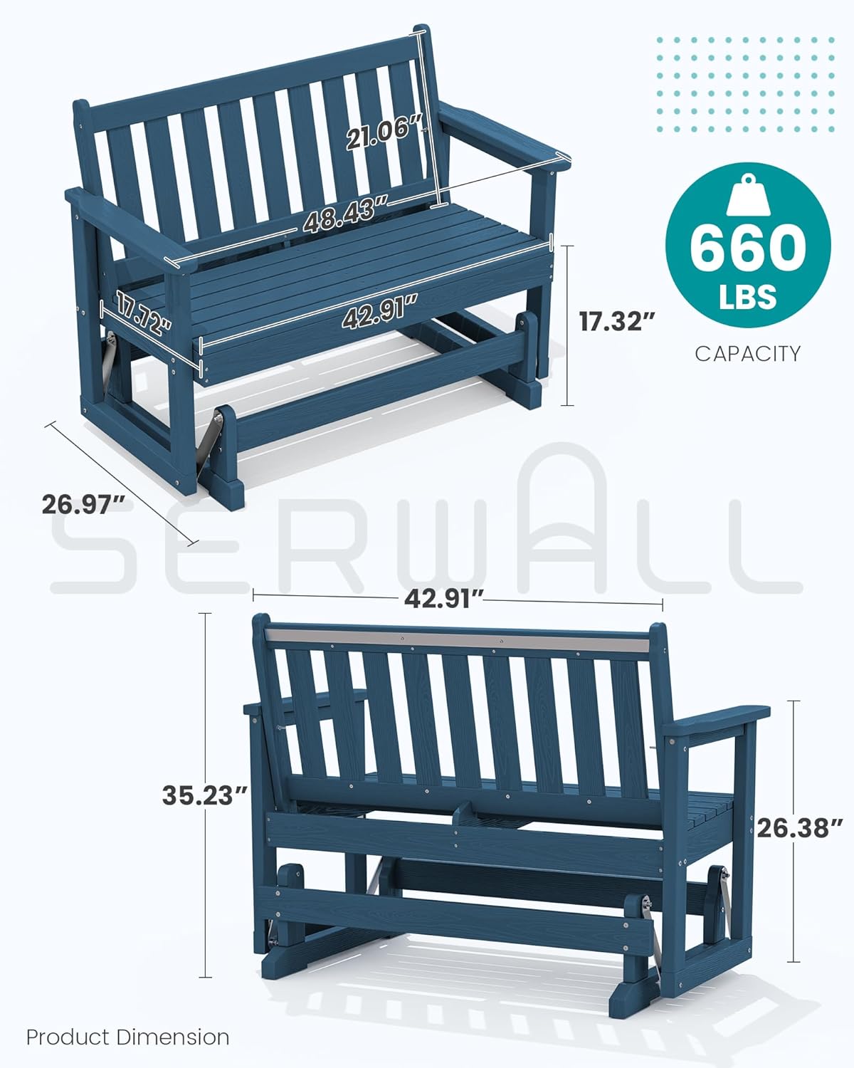 SERWALL Outdoor Glider Bench Set of 2, HDPE Weather-Resistant Swinging Bench for Backyard Garden Porch, Navy Blue