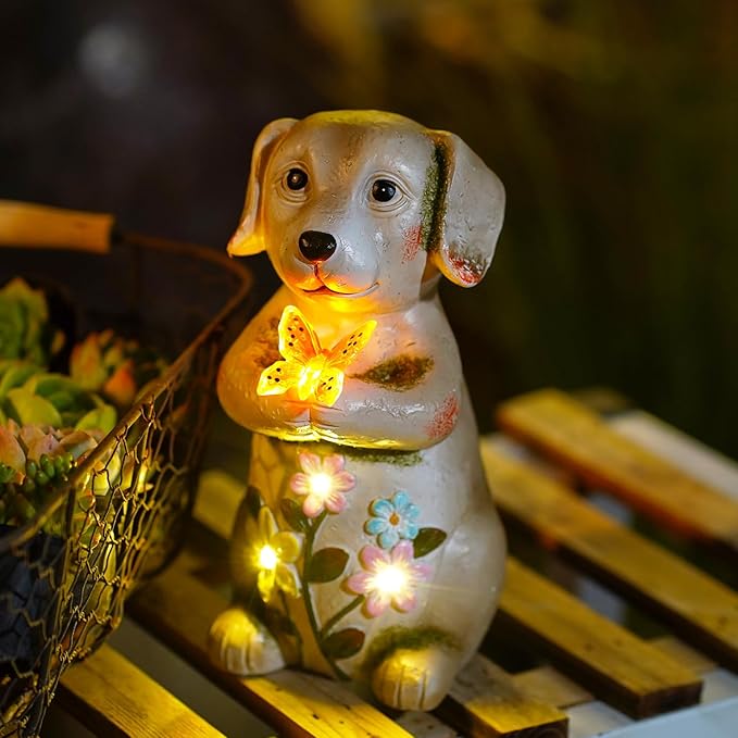 Solar Dog holiding Solar Butterfly Lights - Resin Garden Outdoor Decorations for Patio,Balcony,Yard,Birthday Garden Gifts for Women Mom