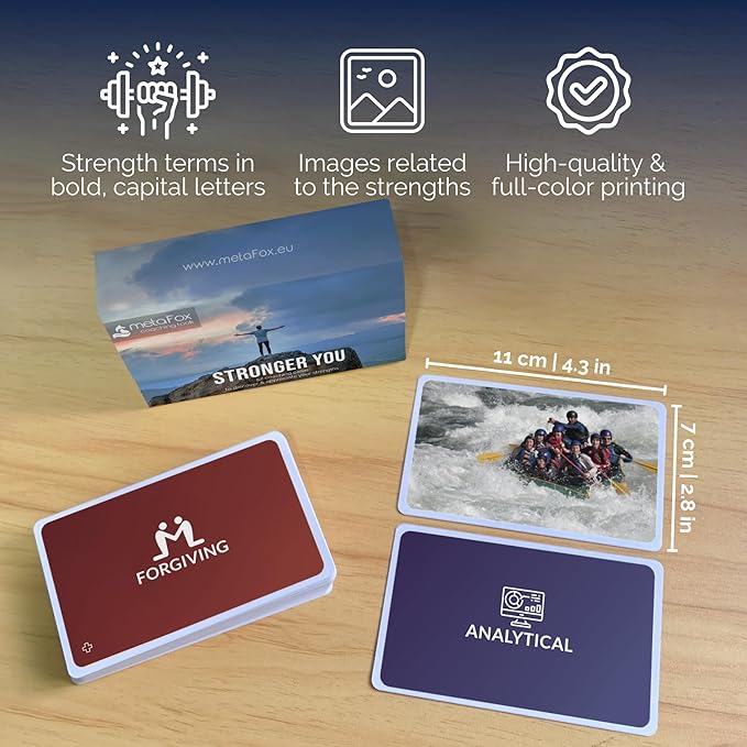metaFox Stronger You | 52 strengths cards for coaching, therapy, workshops & team building | Sturdy coaching cards with strengths, icons & images, stable & compact format for multiple reuse