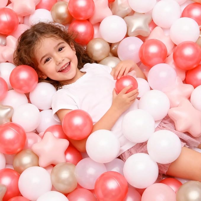 GOGOSO Ball Pit Balls for Toddlers Phthalate-Free BPA-Free Non-Toxic Crush Proof Soft Plastic Play Balls Baby Kids Shape Tent Pool Playhouse Playpen Party Decor, Pearl Red+Pink+Pearl Gold+White 100PCS