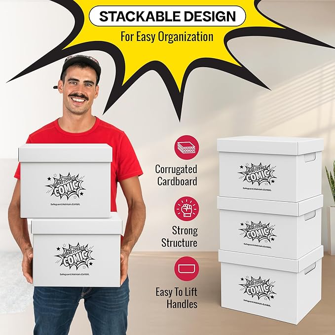 Premium Comic Book Storage Box | 22 Boxes with 6 Dividers (Each Box Stores Up to 175 Comics) - Short Stackable Design with Dust Protection Lid | Strong Structure & Acid Free Manufacturing