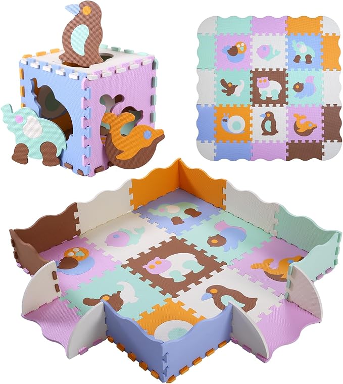 Foam Play Mat for Kids，25Pcs Square Interlocking Puzzle Floor Mat，Baby Play Mat Floor Mat Foam Puzzle Playmat for Toddlers with Fence（Animal-CSH007