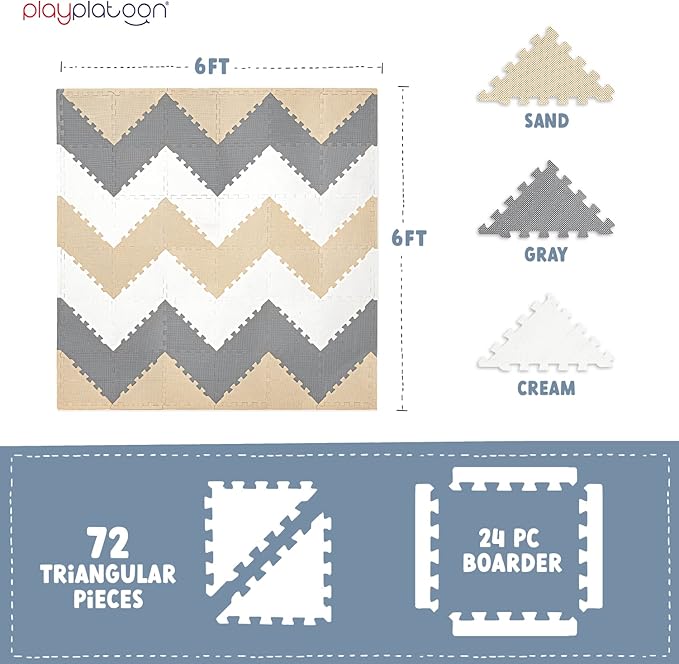 Play Platoon Non-Toxic Extra-Thick 96 Piece Triangle Play Mat - Comfortable 6x6ft Cushiony Foam Floor Puzzle Exercise Mat for Kids & Toddlers - Sand, Gray & Cream