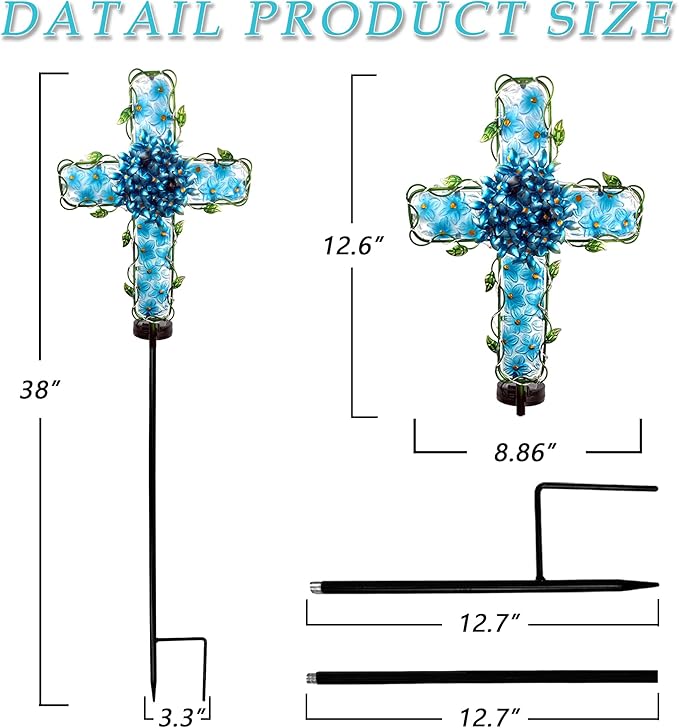 Solar Cross Garden Lights Outdoor Decorative - Solar Metal&Glass Cross Blue Hydrangea Flower Stake Lights- Waterproof 20 Warm White LED for Remembrance Gifts