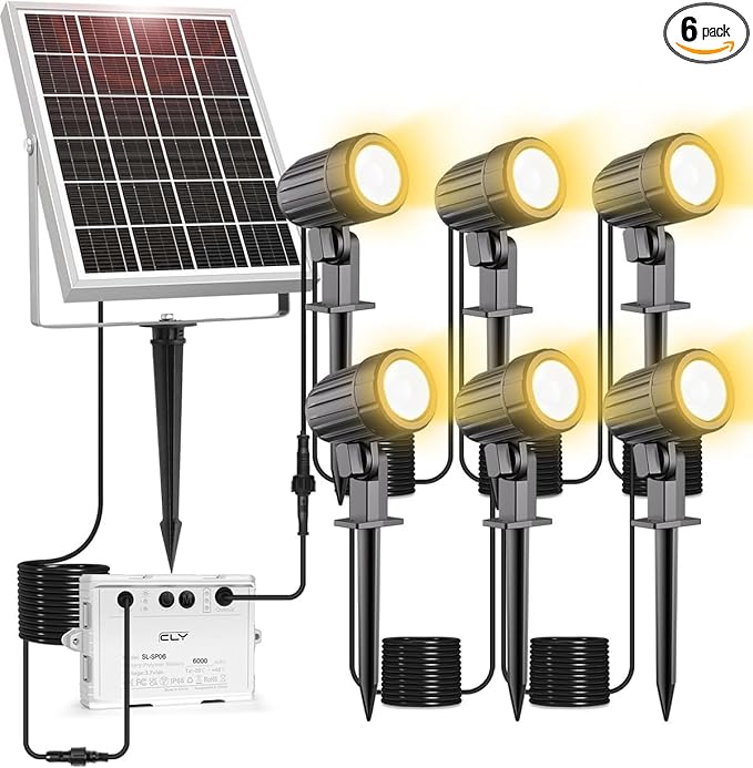 CLY 6 in 1 Solar Spot Lights Outdoor, 2700K Warm White Solar Spotlights Landscape Lights, IP66 Waterproof 59.06ft Cable Auto On/Off Garden Floodlight for Yard Lawn Tree Statue Pathway Decoration