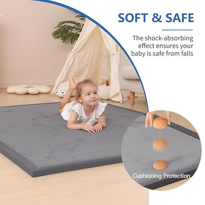 Ultra Soft Baby Play Mat for Floor,1.3" Thick Elasti-Foam 50x50 Playpen Mat for Toddlers Infant kids,Water-Repellent Coral Velvet for Tummy Time,Non-Slip Backing Safe for Crawling,Tatami Style (Dark Grey)