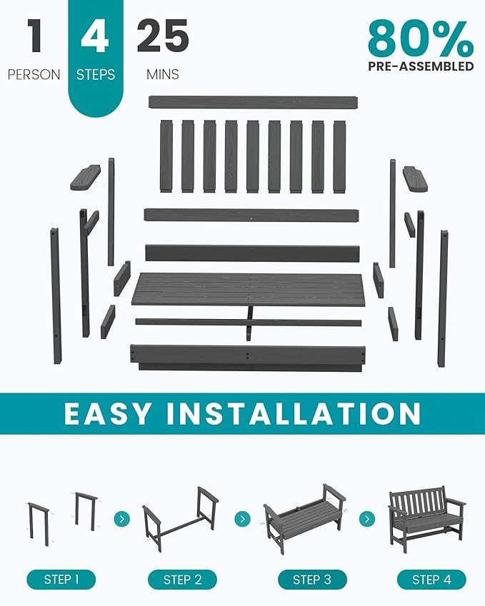 SERWALL Outdoor Bench, HDPE Outdoor Benches Weatherproof, 2-Person Garden Bench with 660 lbs Weight Capacity, Patio Benches for Outdoors, Garden, Porch, Backyard and Park, Grey