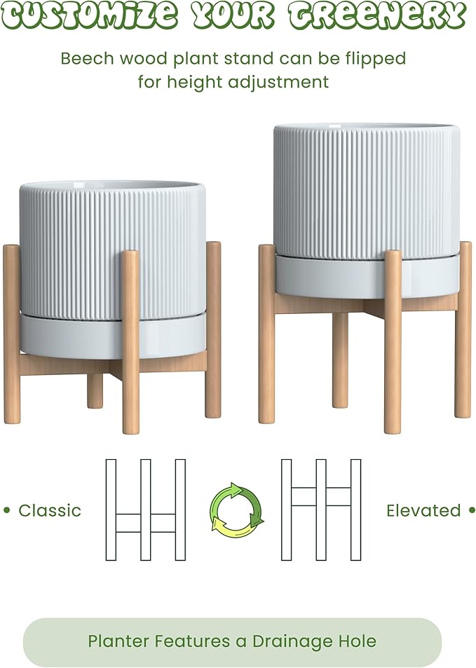 Ceramic Planter Pots Indoor with Drainage Hole & Saucer,Including Stand,7.3 Inch Mid-Century Modern Cylinder Plant Pot for Snake Flower Leaf Blue