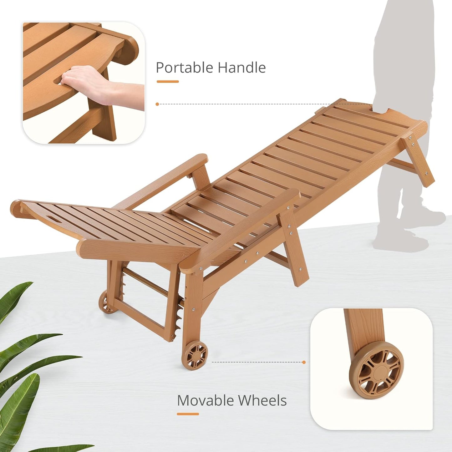 LUE BONA Chaise Lounge Chairs Set with Table, 6-Piece, HDPS Chaise Lounger, 5 Positions Adjustable Lounge Chairs, Pool Lounge Chair with Wheels for Poolside, 3 Year Warranty, Teak Color