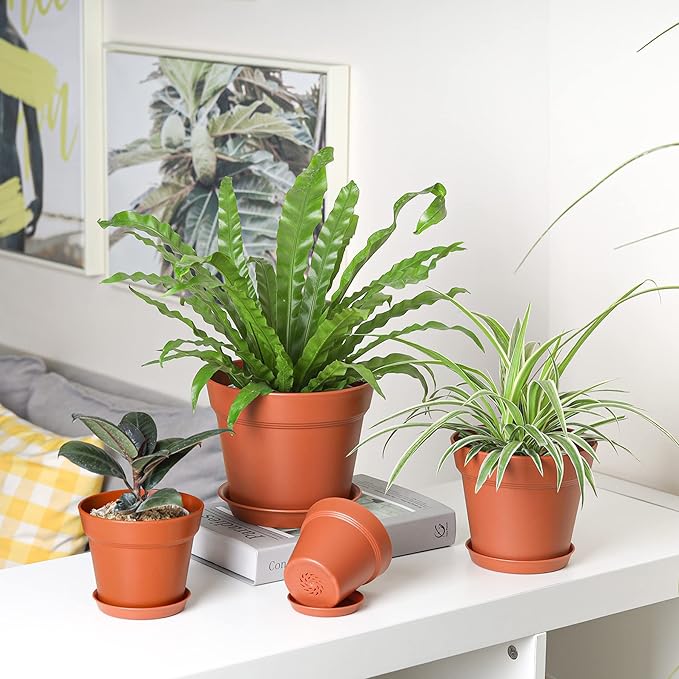 T4U 6 Inch Flower Pots 18-Pack - Small Plastic Planter with Drainage Hole and Saucer, Decorative Nursery Plant Pot Bulk for African Violet, Aloe and All House Plants Indoor (Terracotta)