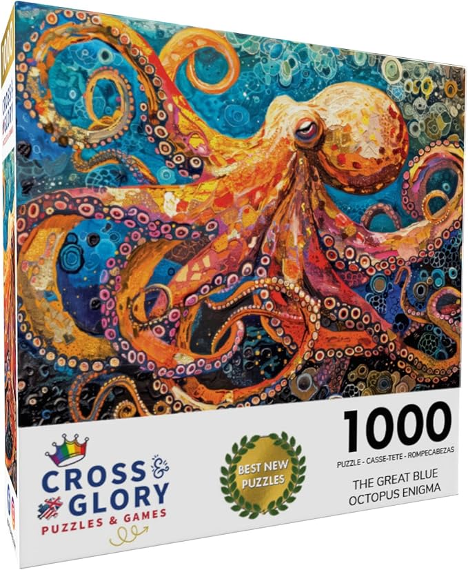 Cross & Glory - The Great Blue Octopus Enigma - 1000 Piece Jigsaw Puzzle for Adults | Ocean Puzzle | Unique Brain Teaser | Vibrant Marine Artwork