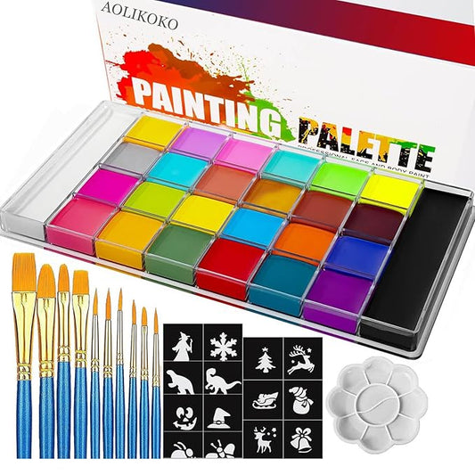 26 Colors Face & Body Paint Palette Kit，Halloween Makeup Kit, face painting kit professional，with 10 Brushes+30 pcs Stickers，Ideal for Halloween Cosplay Party SFX Arty Stage Makeup(26-Colors)