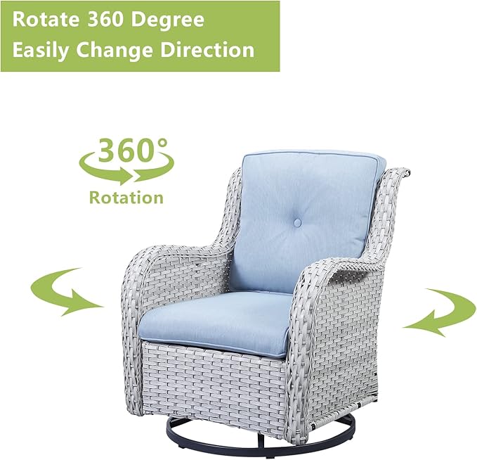 Outdoor Patio Swivel Rocker Chairs - 3 Piece Patio Bistro Set,Wicker Patio Furniture Set with 2 Swivel Rocking Chairs and 1 Glass Top Side Table for Deck Porch Garden,Light Grey/SkyBlue