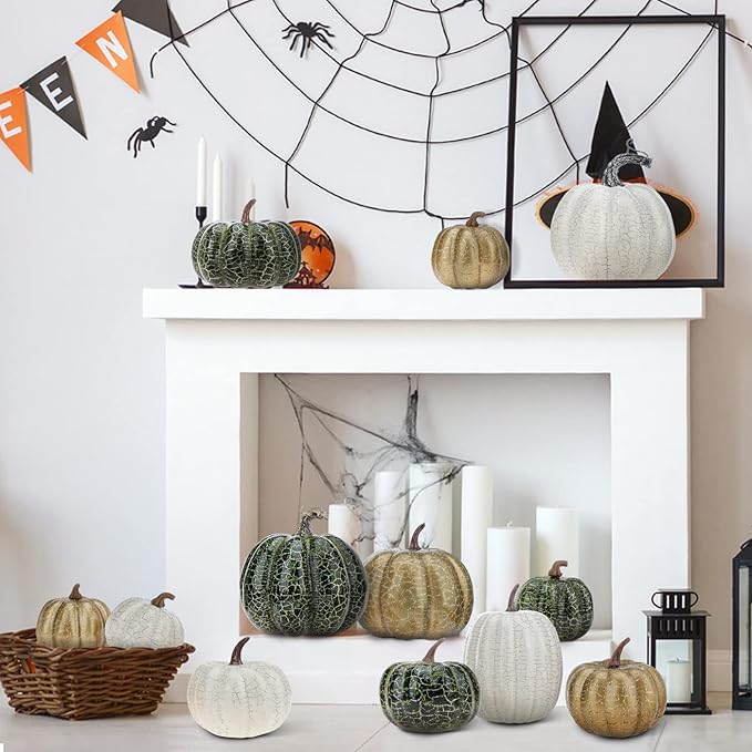12 Pcs Pumpkin Decor,Fall Decorations for Home,Metal Cracked Design Foam Pumpkins for Thanksgiving Halloween Table Centerpiece Decor,Autumn Harvest Outdoor Pumpkins for Porch