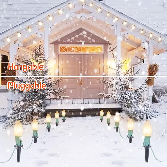 Christmas Pathway String Lights Outdoor - 25.7 Ft. C9 20 Clear Lights with 20 Stakes Connectable Waterproof for Indoor Xmas Party Holiday Commercial Decoration, Warm White