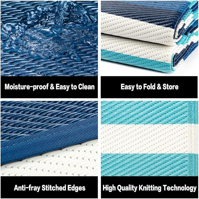 Outdoor Waterproof Rug 9'x12' Plastic Straw Rugs Washable Reversible Floor Mat Blue Stripe Carpet for Camping RV Deck Entryance Porch Picnic Balcony Beach Backyard