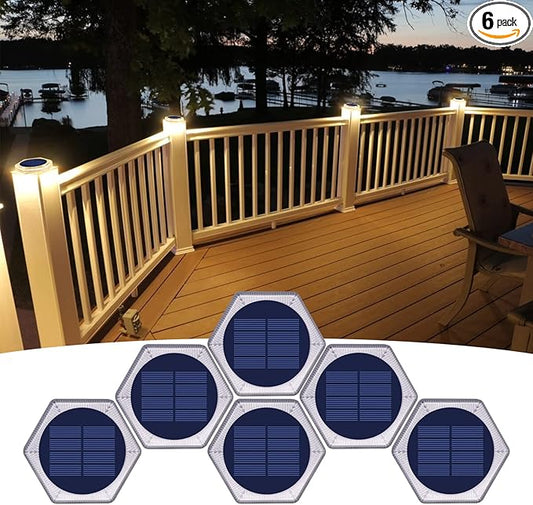 YiLaie Solar Deck Dock Lights 6 Packs Hexagon Warm White Step Lights Outdoor Waterproof Solar Powered for Driveway Post Fence Stairs Yard Patio Pathway Porch